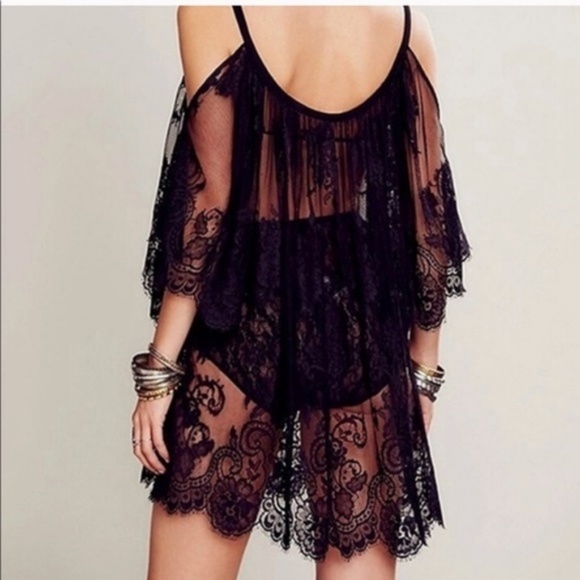 Black Lace Cold Shoulder Chemise Dress Cover Up - Picture 2 of 7